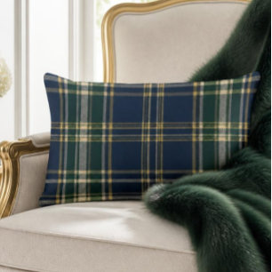 Cojín Lumbar Clásico Tartán de Cuadros Navy y Verde Bosque