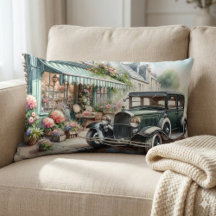 Coche Antiguo y Encantadora Floristería Acuarela