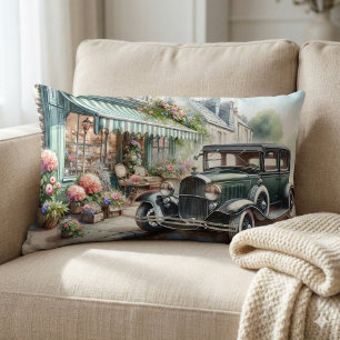 Cojín Lumbar Coche Antiguo y Encantadora Floristería Acuarela
