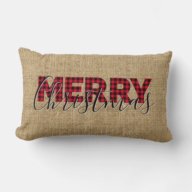 Cojín Lumbar Colada de búfalos rojos y caligrafía Feliz Navidad (Anverso)