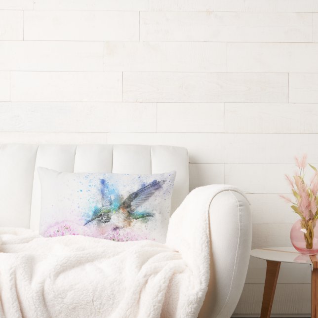 Cojín Lumbar Colibrí acuarela sobre flores | PERSONALIZADO (Sofá)