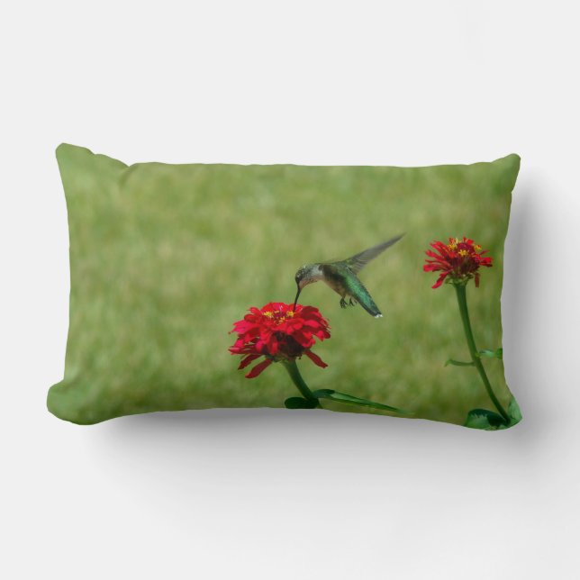 Cojín Lumbar Colibrí y Zinnias rojos (Anverso)