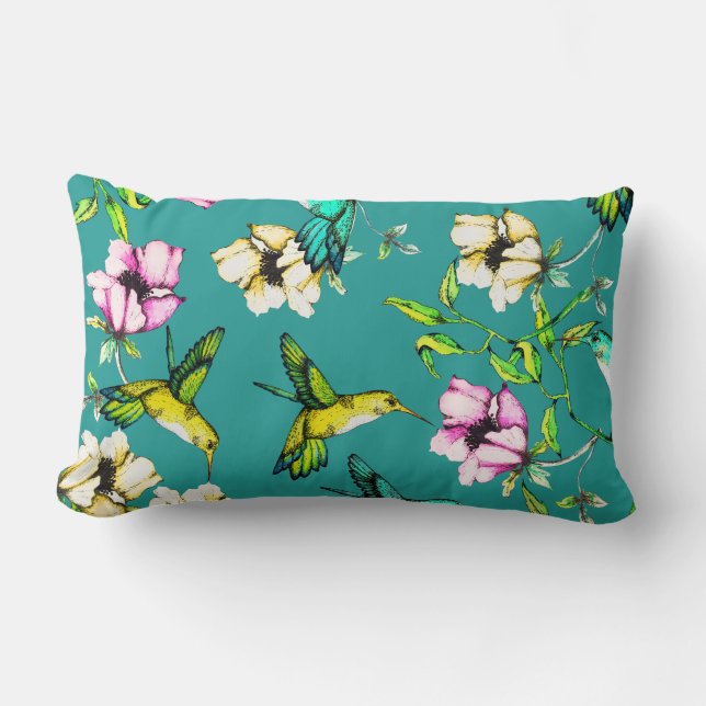 Cojín Lumbar Colibríes y flores encantados de la acuarela del (Anverso)
