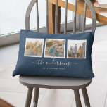 Cojín Lumbar Collage de Fotos con Caligrafía de Nombre de Color<br><div class="desc">Almohada con 3 fotos cuadradas con un borde blanco alrededor de ellas dispuestas una al lado de la otra en la parte delantera y trasera, lo que hace un total de 6 fotos que puedes reemplazar con tus propias fotos sobre un color de fondo editable (haz clic en "personalizar" para...</div>