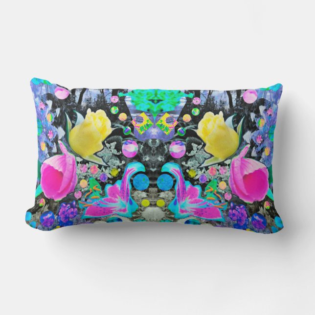 Cojín Lumbar Collage de lirio Stargazer, rosa y hibisco rosa (Anverso)