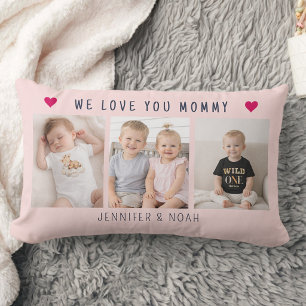 Cojín Lumbar Collage Personalizado de 3 Fotos para Mamá Rosa