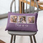 Cojín Lumbar Color de fondo editable Este es el Collage de foto<br><div class="desc">Pillow mostrando las palabras "este somos nosotros" en un guión elegante de color blanco con 3 fotos cuadradas con un borde blanco alrededor de ellos, arregladas lado a lado en el frente y en la parte posterior, lo que hace 6 fotos en total que se pueden reemplazar con fotos propias...</div>