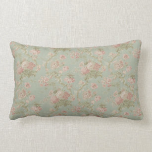 Cojín Lumbar Color de rosa del vintage elegante, verde floral y