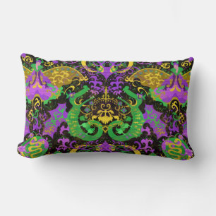Cojín Lumbar Colores de Mardi Gras Damask Dragon, mariposa, ser