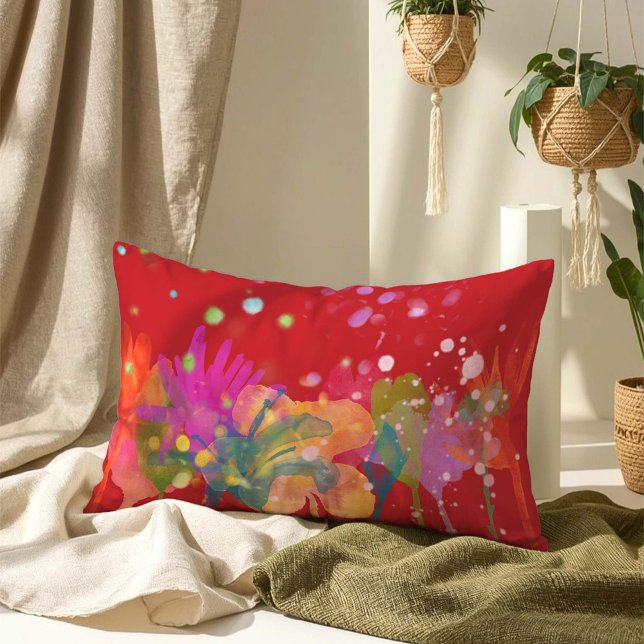 Cojín Lumbar Colorful Watercolor Flowers on Red (Subido por el creador)