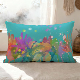 Cojín Lumbar Colorful Watercolor Flowers on Turquoise