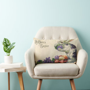 Cojín Lumbar Conejo de Pascua vintage con huevos de Pascua en u