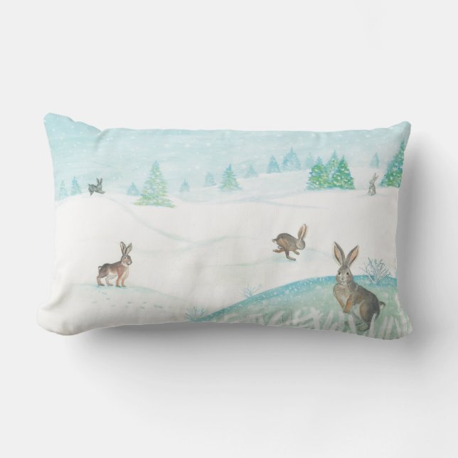 Cojín Lumbar Conejos sentados y saltando de nieve (Anverso)