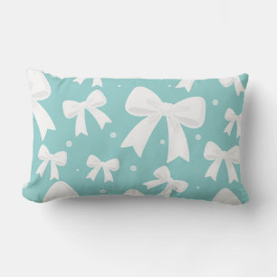 Cojín Lumbar Coqueta Azul con Perlas y Lazos Blancos