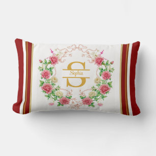 Cojín Lumbar Coqueta Elegante Rosa Floral Guirnalda Monograma