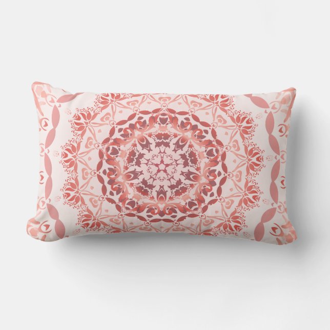 Cojín Lumbar Coral Red Apricot Damask Mandala (Anverso)