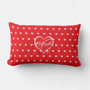 Cojín Lumbar Corazones blancos con monograma rojo y blanco
