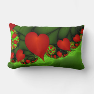 Cojín Lumbar Corazones rojos animan el arte fractal verde moder