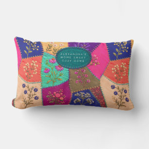 Cojín Lumbar Cottagecore Floral Patchwork Efecto Bordado 