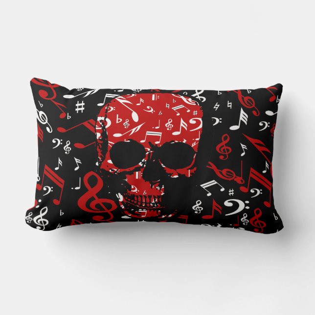 Cojín Lumbar Cráneo negro rojo de las notas musicales (Anverso)