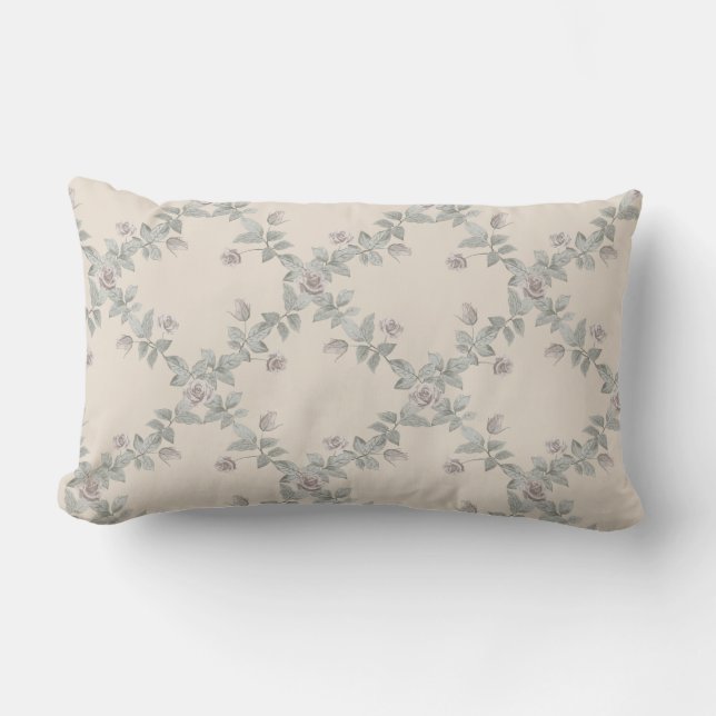 Cojín Lumbar Cream Taupe Rose Sage Trellis Pattern (Anverso)