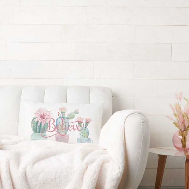 Cojín Lumbar Creer Cita Verde Cacti Rosa Suculento Flor (Sofá)