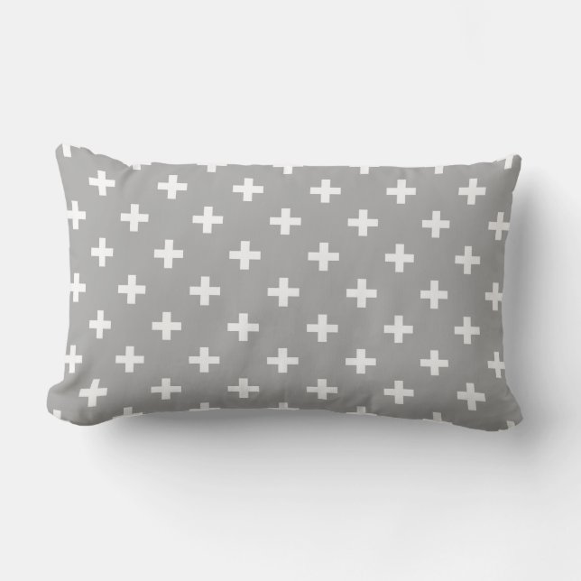 Cojín Lumbar Cruces de polka blanca en gris (Anverso)