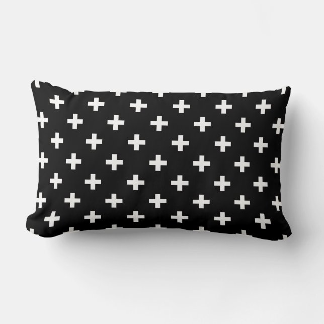 Cojín Lumbar Cruces de polka blanca sobre negro (Anverso)