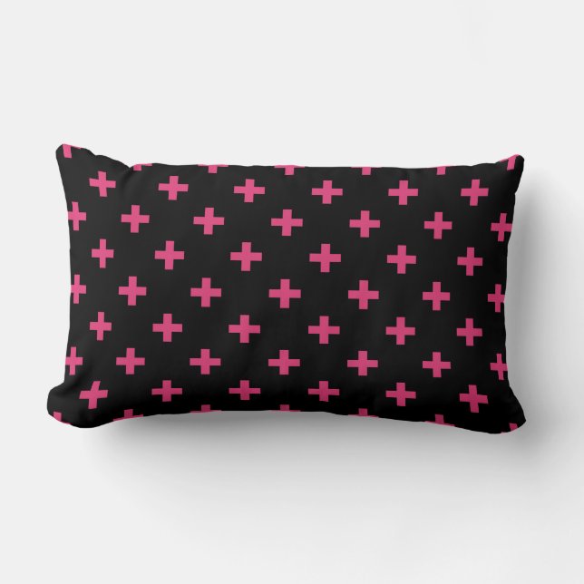 Cojín Lumbar Cruces de polka de Fuchsia sobre negro (Anverso)