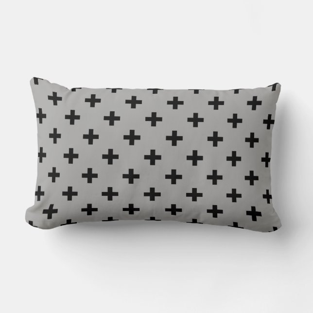 Cojín Lumbar Cruces de polka negra en gris (Anverso)