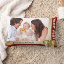 Cojín Lumbar Custom Name & Photo Holiday Red, Gold Bow