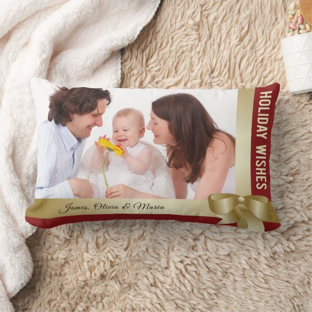 Cojín Lumbar Custom Name & Photo Holiday Red, Gold Bow (Manta)