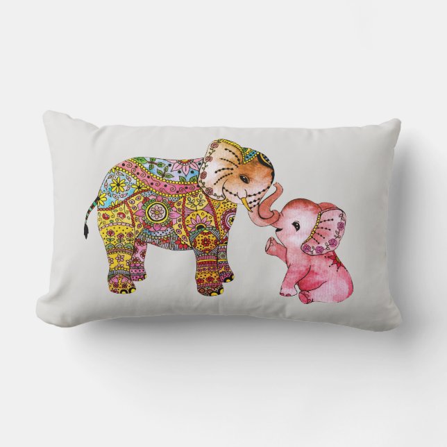 Cojín Lumbar Cute Boho acuarela madre y elefante bebé arte (Anverso)