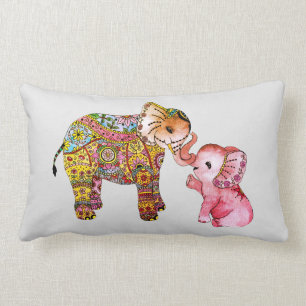 Cojín Lumbar Cute Boho acuarela madre y elefante bebé arte