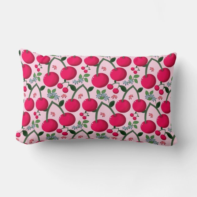 Cojín Lumbar Cute Cherry  Pattern, Glossy Kawaii Fruit (Anverso)