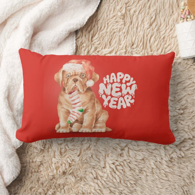 Cojín Lumbar Cute Christmas Dog Pillow – Happy New Year Red (Manta)
