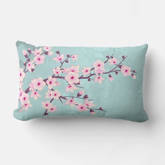 Cojín Lumbar Cute Flores de Cerezo Rosadas Turquesa (Anverso)
