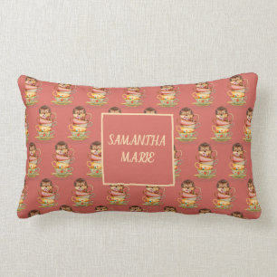 Cojín Lumbar Cute Hedgehog Tazas Coloridas Coral Rosa Monograma