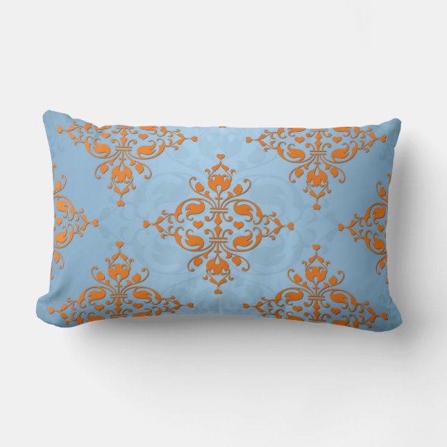 Cojín Lumbar Cute naranja y damasco azul (Anverso)