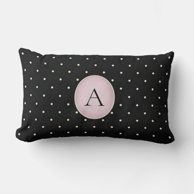 Cojín Lumbar Cute Polka Dots (Rosa) Monogramado Negro (Anverso)