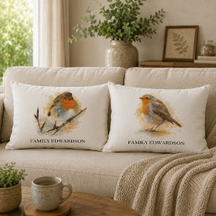 Cojín Lumbar Cute robin pájaros monograma familia acuarela