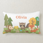 Cojín Lumbar Cute Woodland Forest Animals Niños Decoración<br><div class="desc">Decoren a los niños o a la sala de niñeras con este bonito diseño animal con temática de bosque de bosques. El diseño incluye una variedad de animales de pelos de bosque que incluyen un ciervo, una ardilla sujeta a una nuez de bellota, un conejo de saltos, un mapache, un...</div>