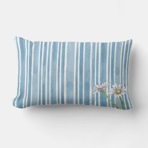 Cojín Lumbar Dalia de Acuarela Floral de Rayas Desiguales Azul