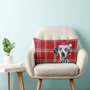 Cojín Lumbar Dálmata de Navidad Plaid Rojo Festivo