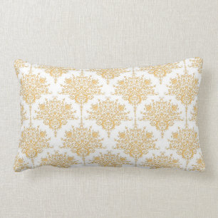 Cojín Lumbar Damascado Floral en Oro Amarillo y Blanco