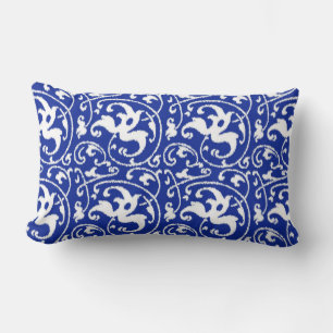 Cojín Lumbar Damascado Floral Ikat - Azul Cobalto y Blanco