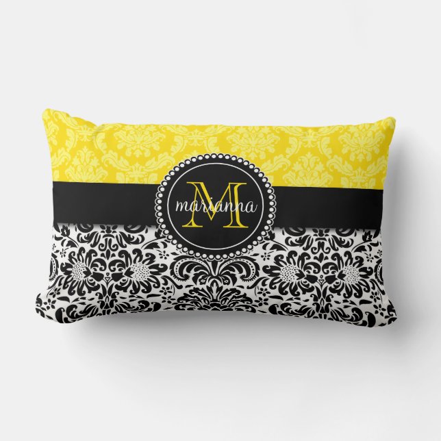 Cojín Lumbar Damasco amarillo negro elegante personalizado (Anverso)