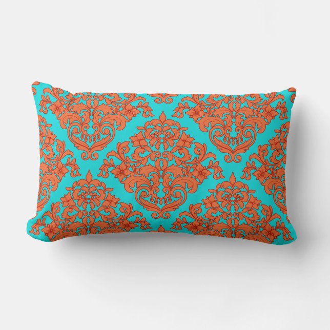 Cojín Lumbar Damasco del naranja y de la turquesa (Anverso)