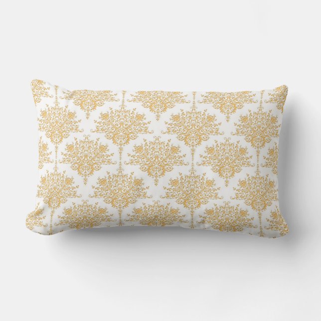 Cojín Lumbar Damasco floral en oro amarillo y blanco (Anverso)