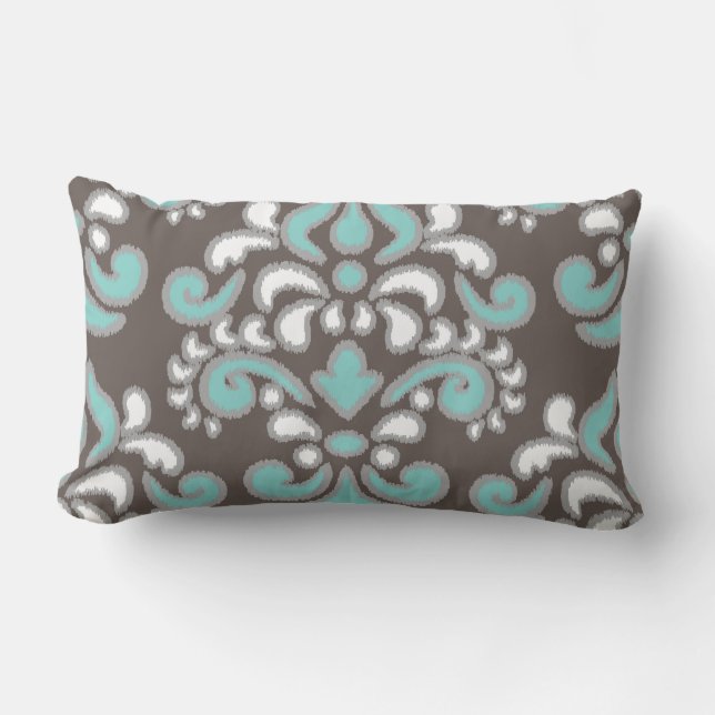Cojín Lumbar Damasco floral Tuquoise de Ikat y marrón (Anverso)